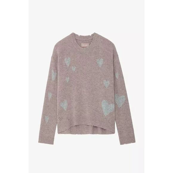 Zadig & Voltaire Marcus Heart Destroyed Pink Cashmere Sweater Small NWT - Picture 3 of 10